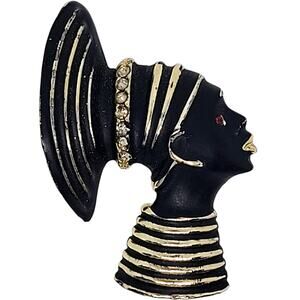Vintage Luxe Blackamoor Queen Brooch Retro Statement Enamel Rhinestone Pin